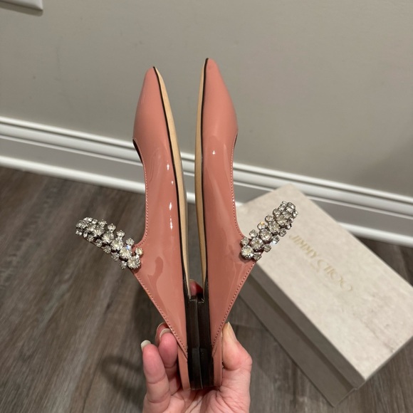 Jimmy Choo Bing Embellished Strap Point Toe Blush Patent Leather Pump Flats - Picture 12 of 16